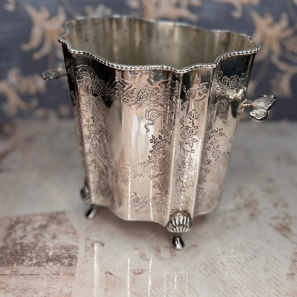 Vintage Ornate Silver Plate Ice Bucket w/ Tongs Floral Etched India Estate
